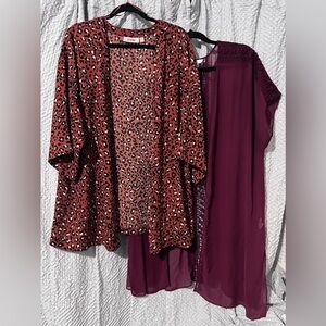 Set of 2 Kimono Over-pieces Burgundy with Lace and Animal Print Size 1X